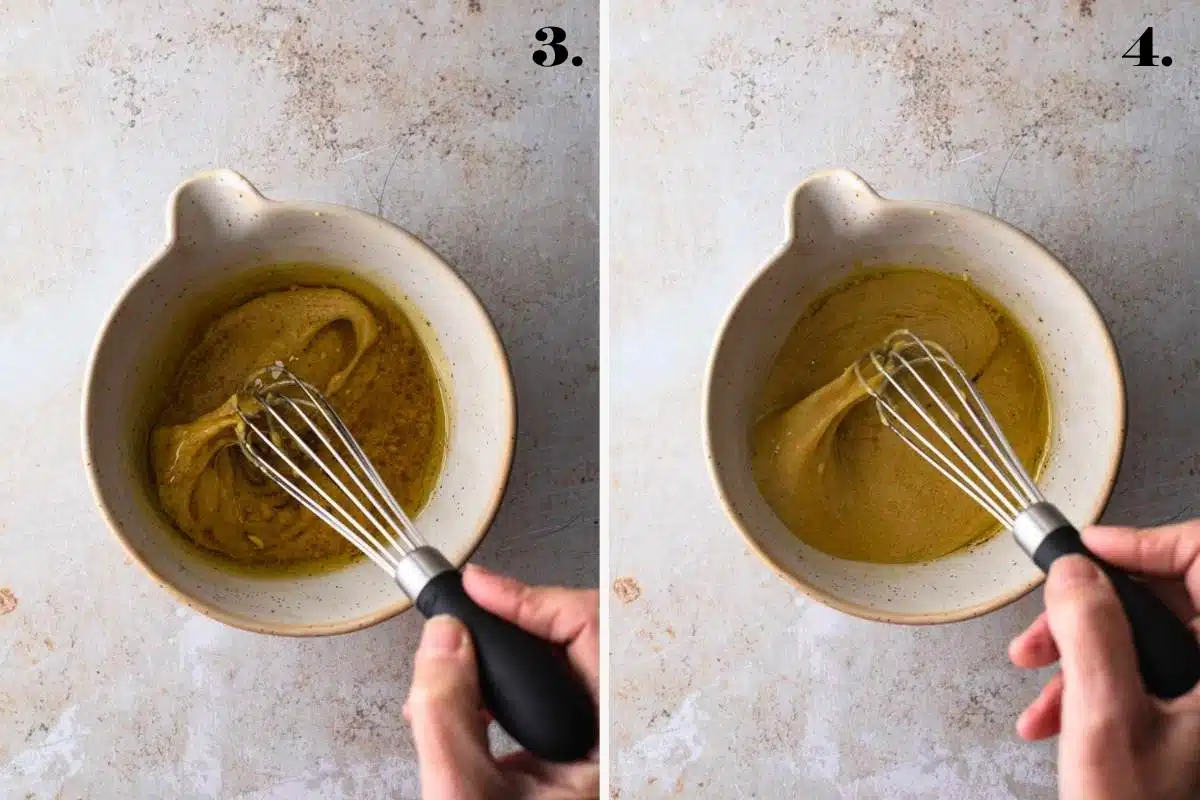 Two images of maple dijon dressing being whisked at different stages.