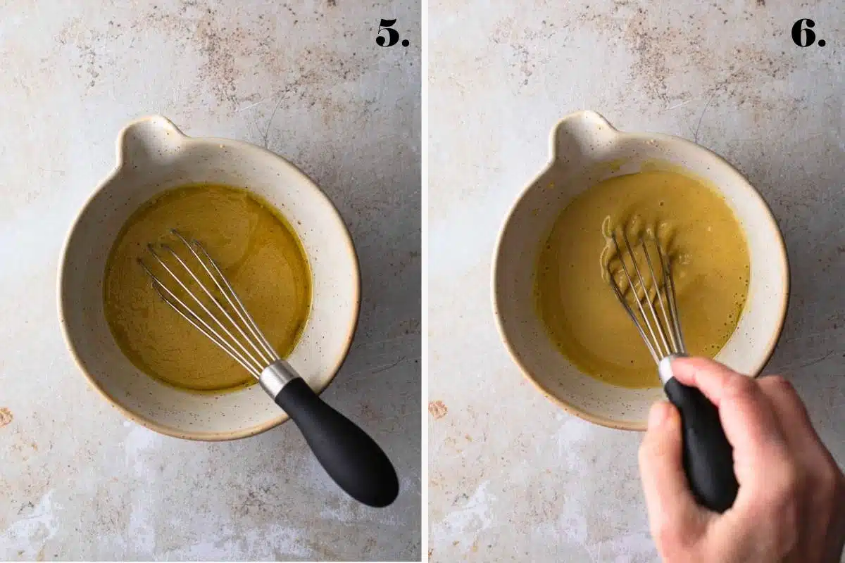 Two images of salad dressing before and after water is added and whisked.