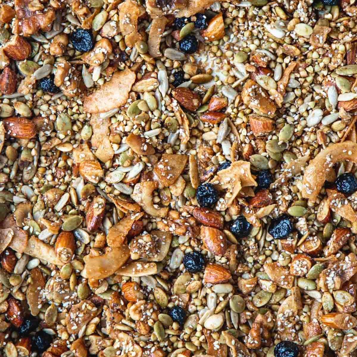 A close-up overhead image of nuts and seeds in baked granola.