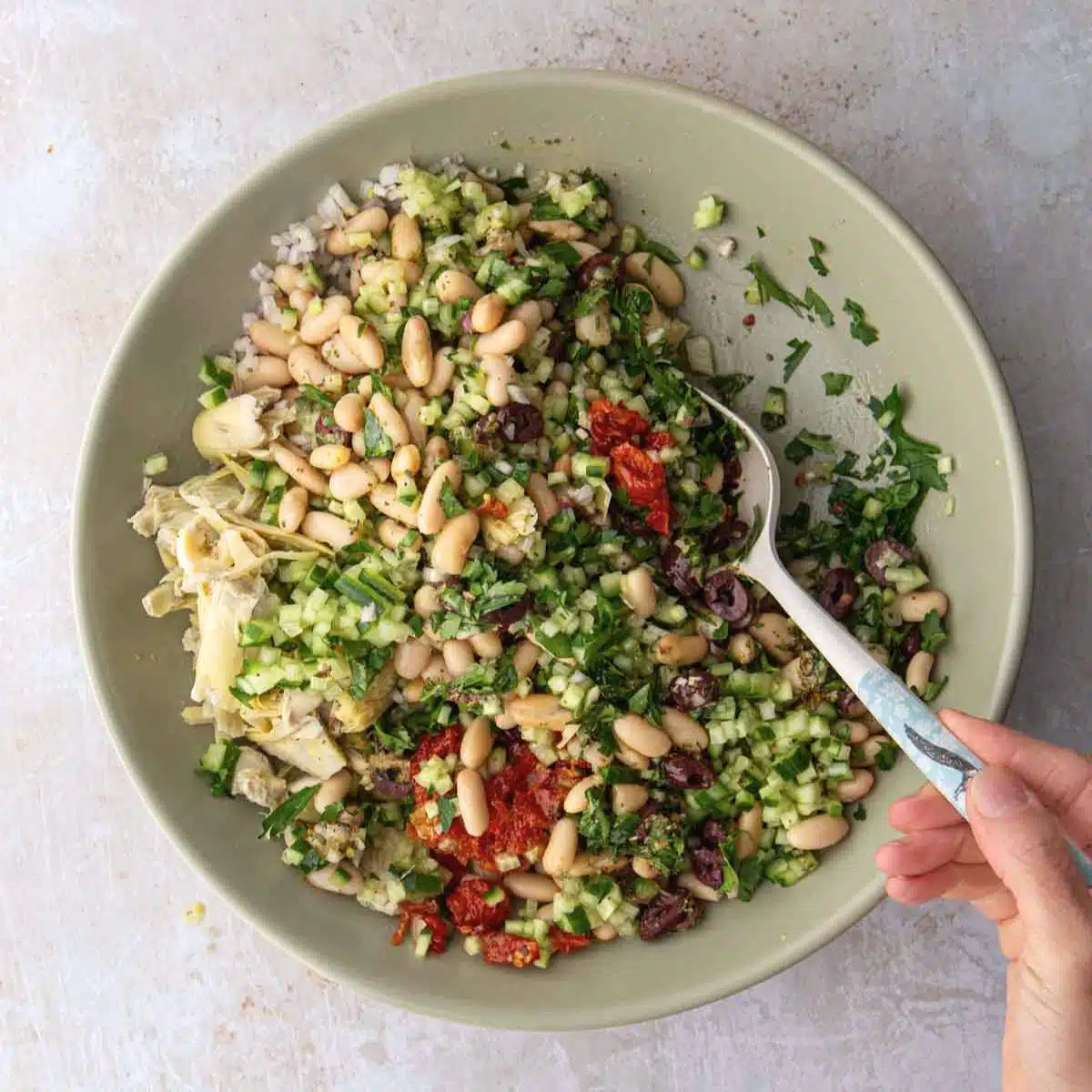 A bowl of bean salad.