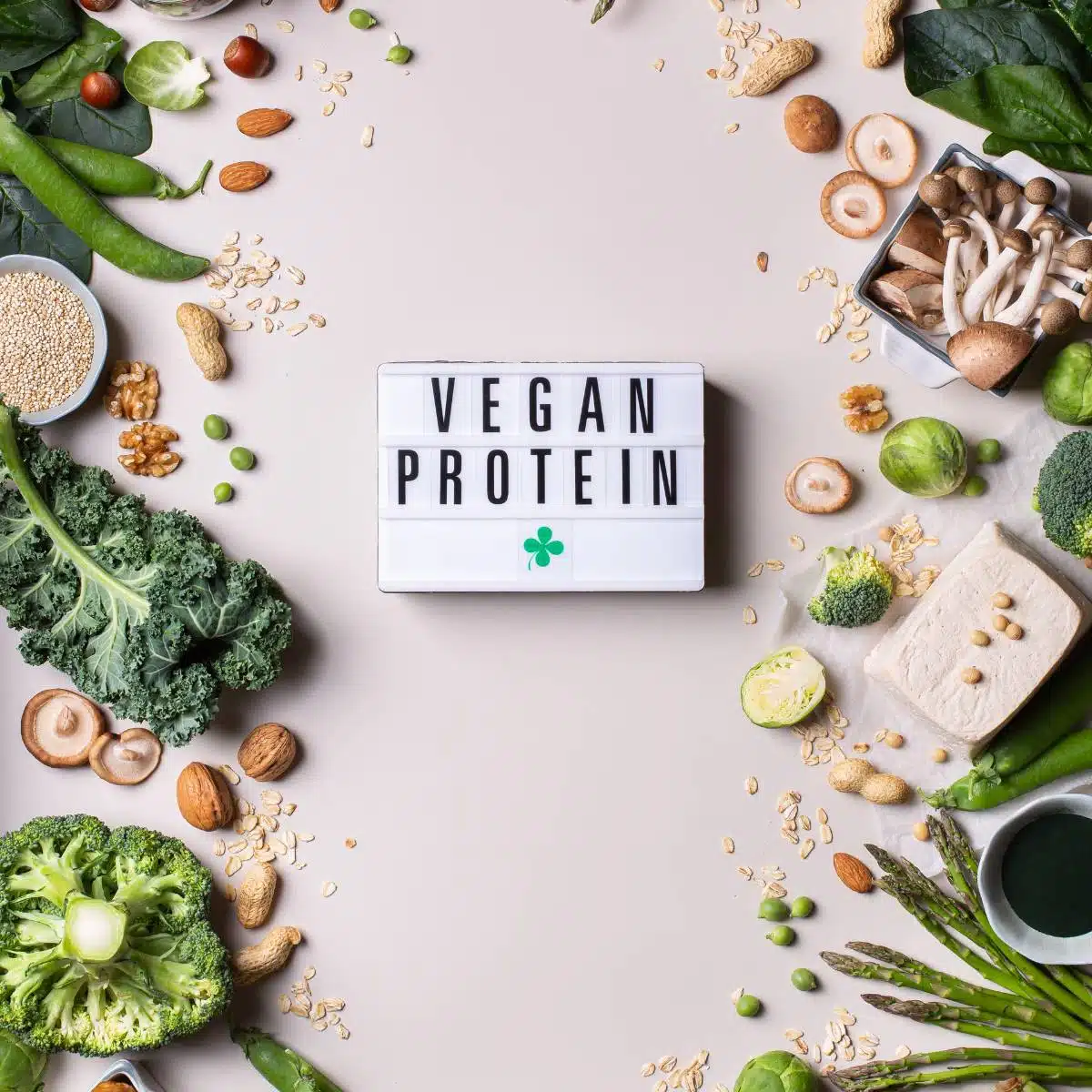 A plant food display with a "protein" sign.