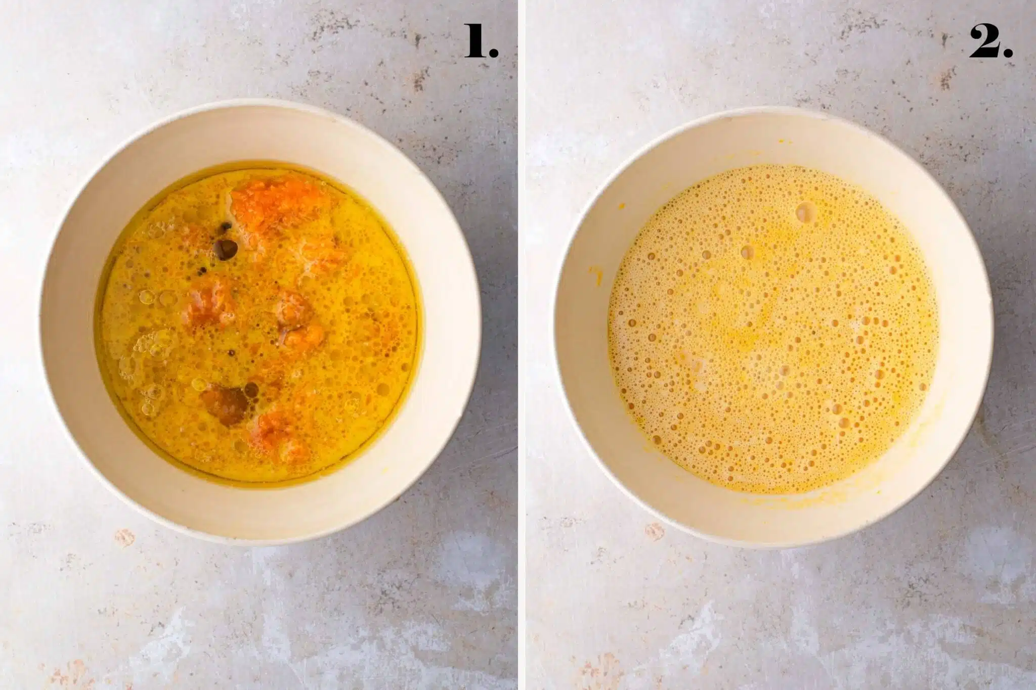 Two images showing wet ingredients for pumpkin muffins before and after blending.