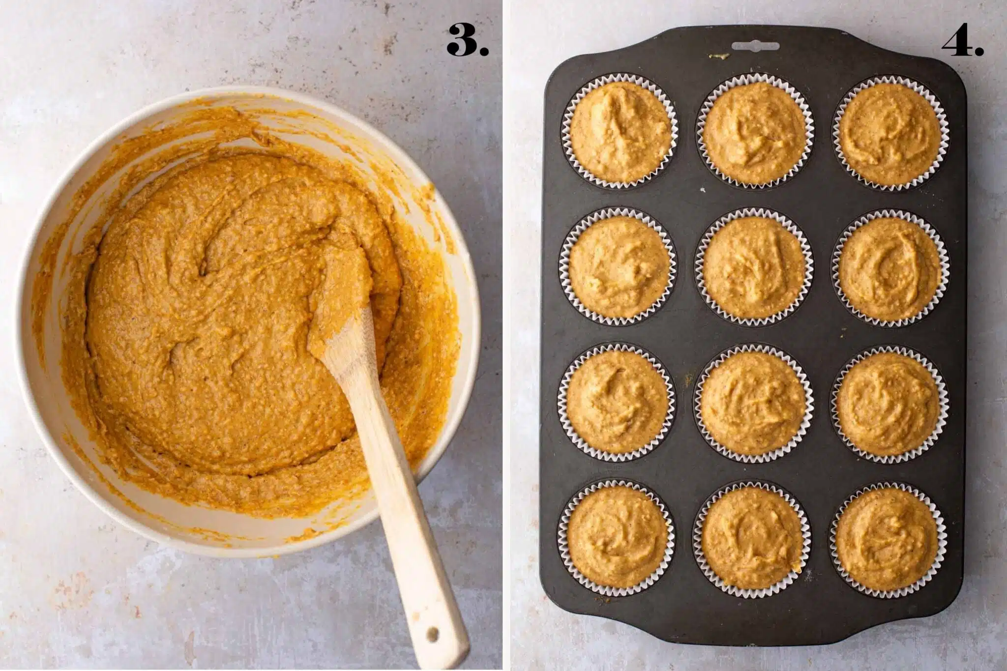 Two images showing pumpkin muffin batter in a bowl and in the baking pan.