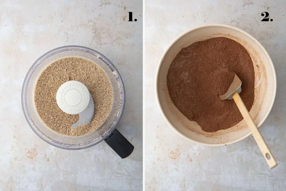 A two-panel step-by-step guide showing sunflower meal in a food processor and dry brownie ingredients in a mixing bowl.