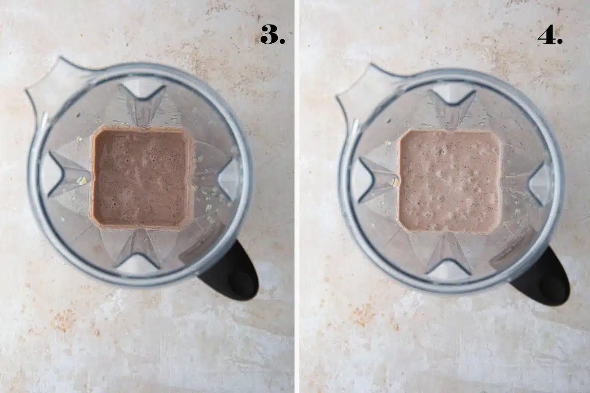 A two-panel step-by-step guide showing blended black brownie wet ingredients in a blender and after coconut oil is added.