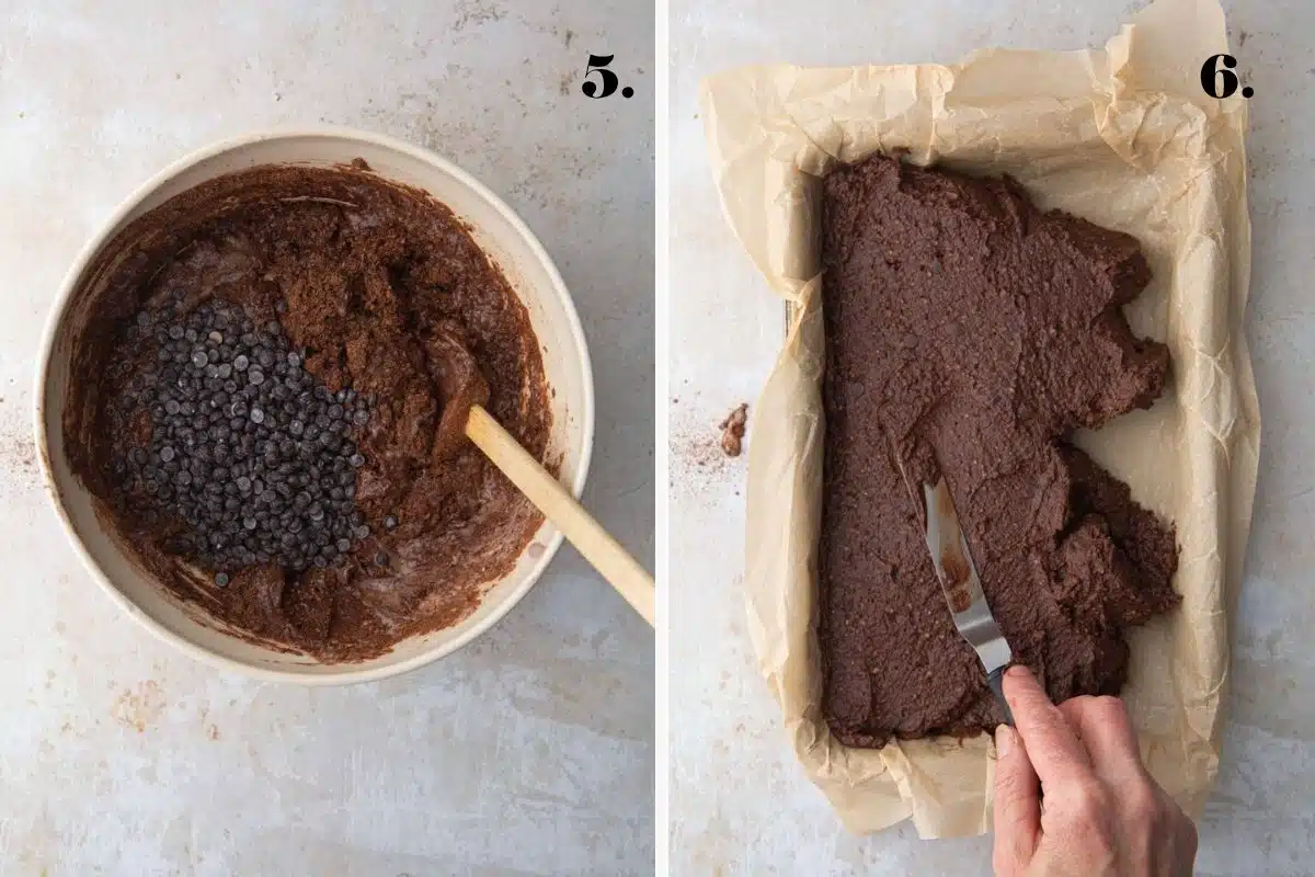A two-panel step-by-step guide showing black bean brownie batter mixed in a mixing bowl and then pressed into a baking tray.
