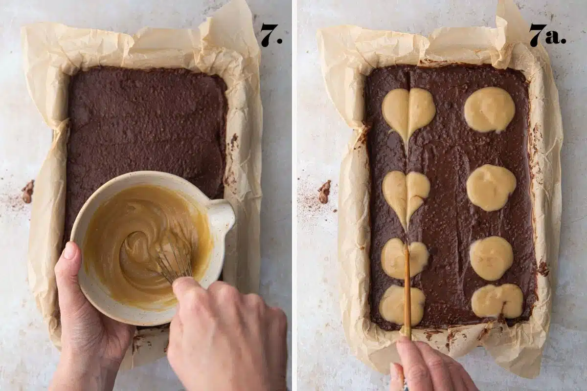 A two-panel step-by-step guide showing tahini caramel whisked in a bowl and dots of caramel spread on top of a brownie.