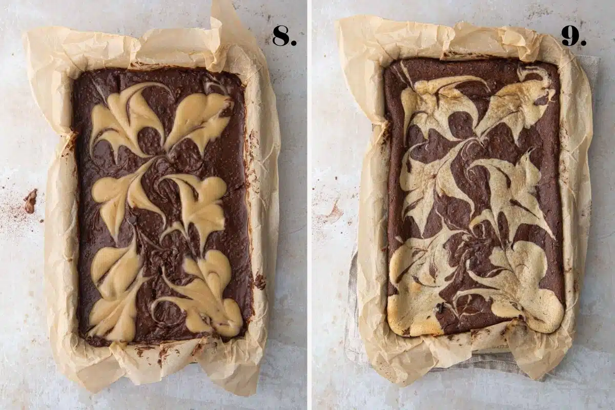 A two-panel step-by-step guide showing with black bean brownie and tahini swirls before and after baking.
