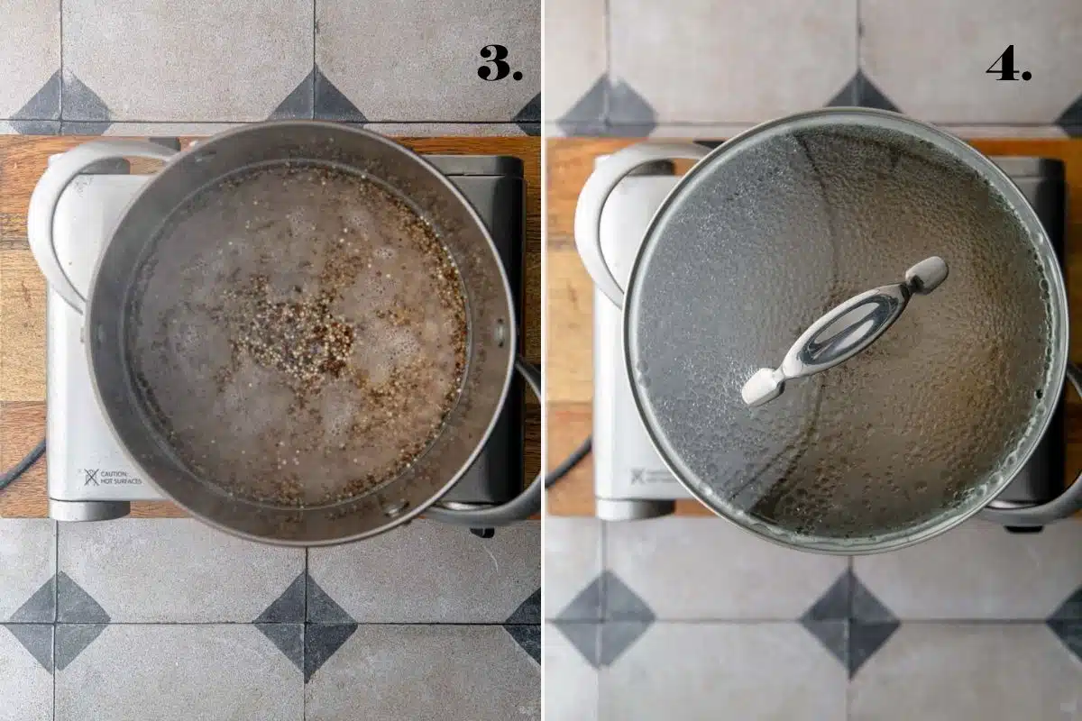 A two-panel step-by-step guide showing quinoa at a boil and with a lid put on the pot.