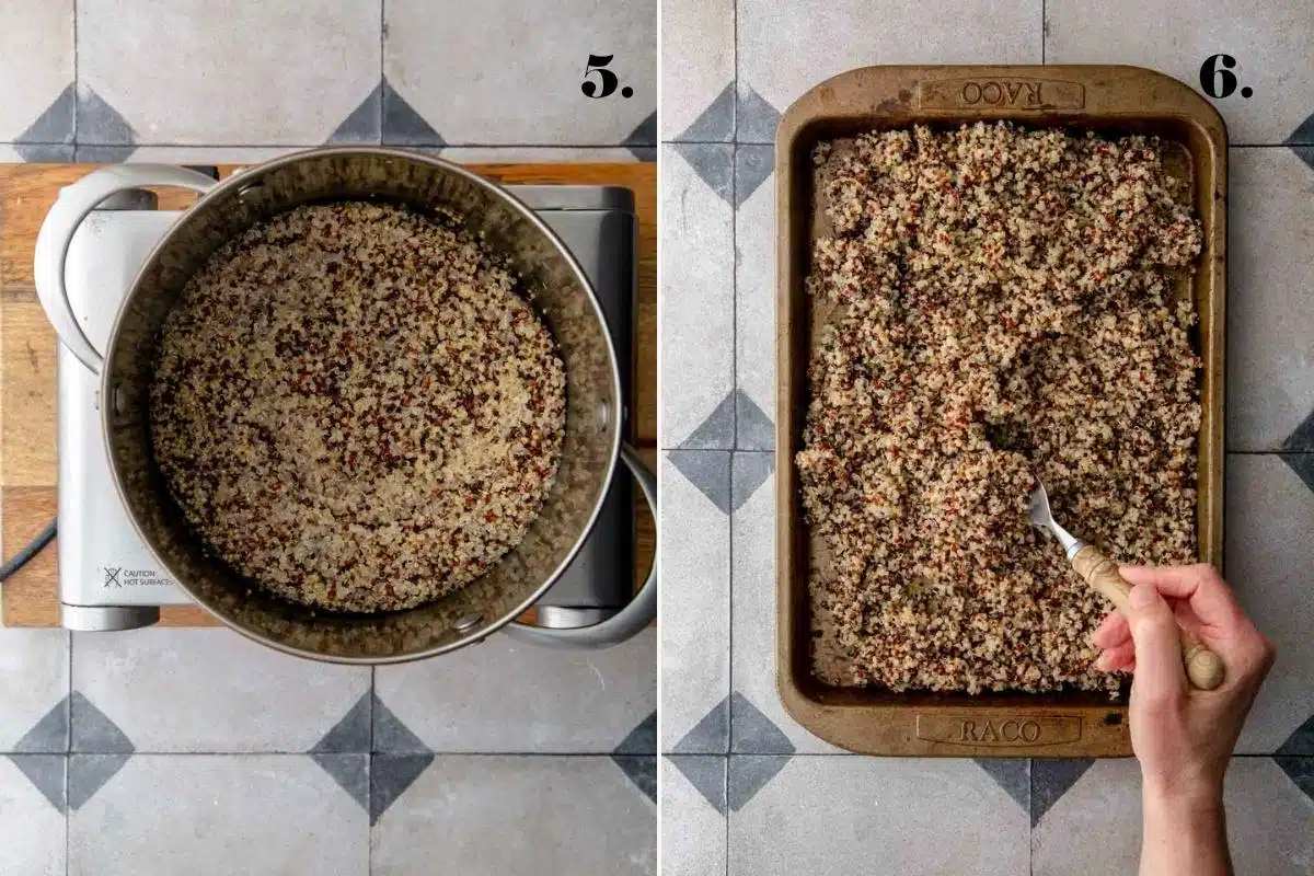 A two-panel step-by-step guide showing perfectly cooked quinoa in a pot and spread out on a baking tray.