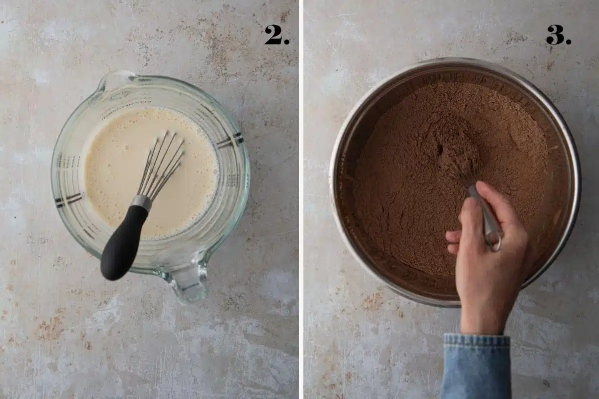 A two-panel step-by-step guide showing showing a jug of vegan buttermilk and hand whisking a bowl of dry vegan chocolate cake ingredients.
