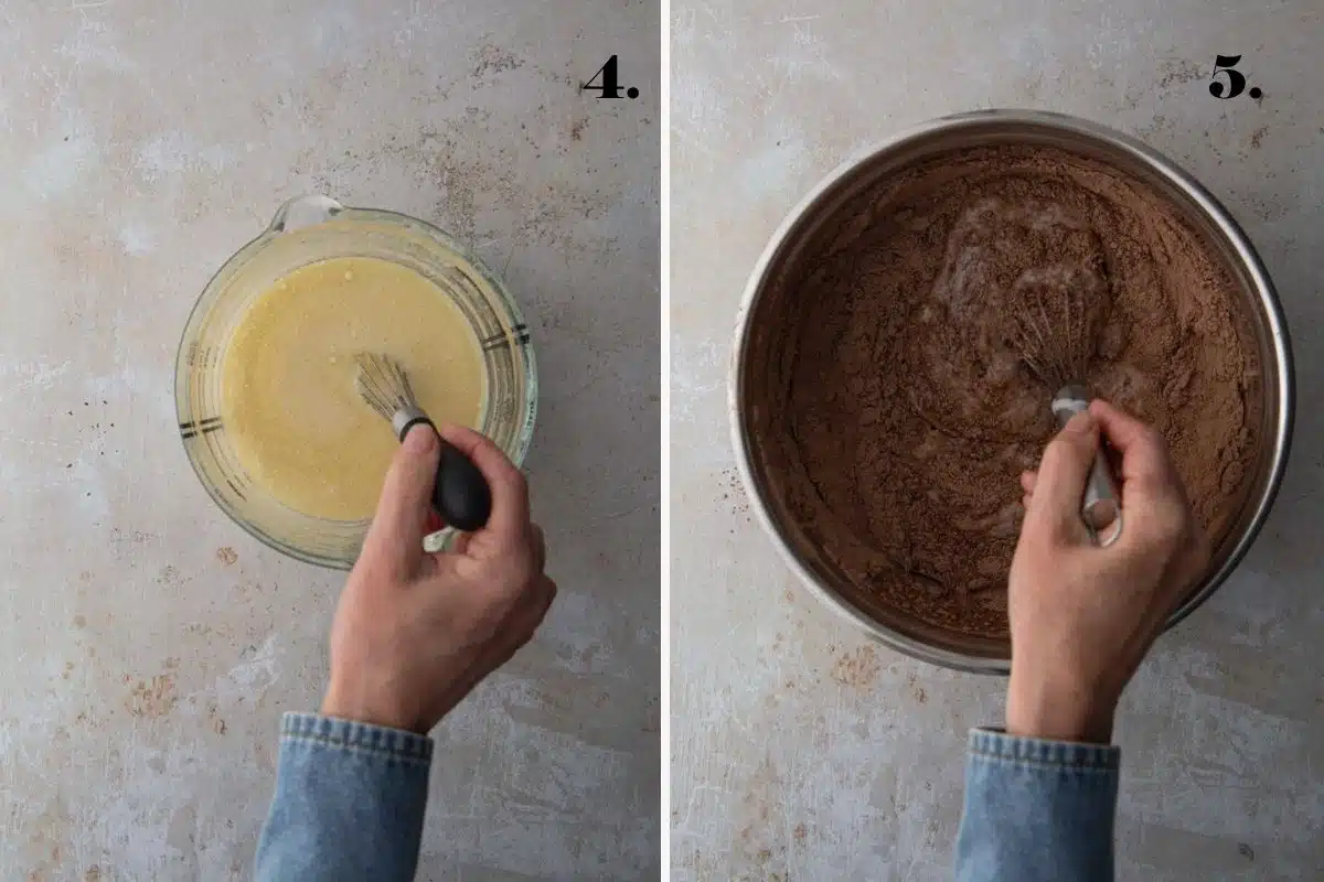A two-panel step-by-step guide showing wet chocolate cake ingredients whisked in a jug and then whisked into a bowl of cocoa and flour mix.