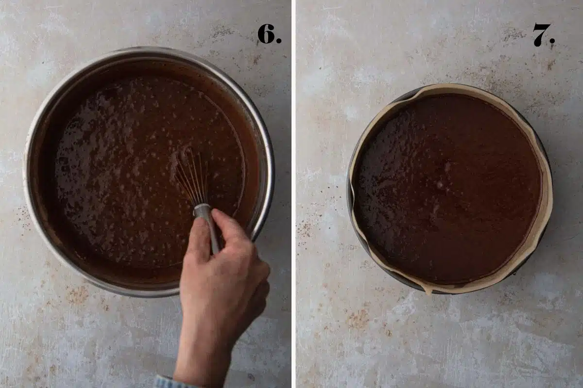 A two-panel step-by-step guide showing the final batter mixing in a bowl and raw chocolate cake batter in a round can pan before baking.