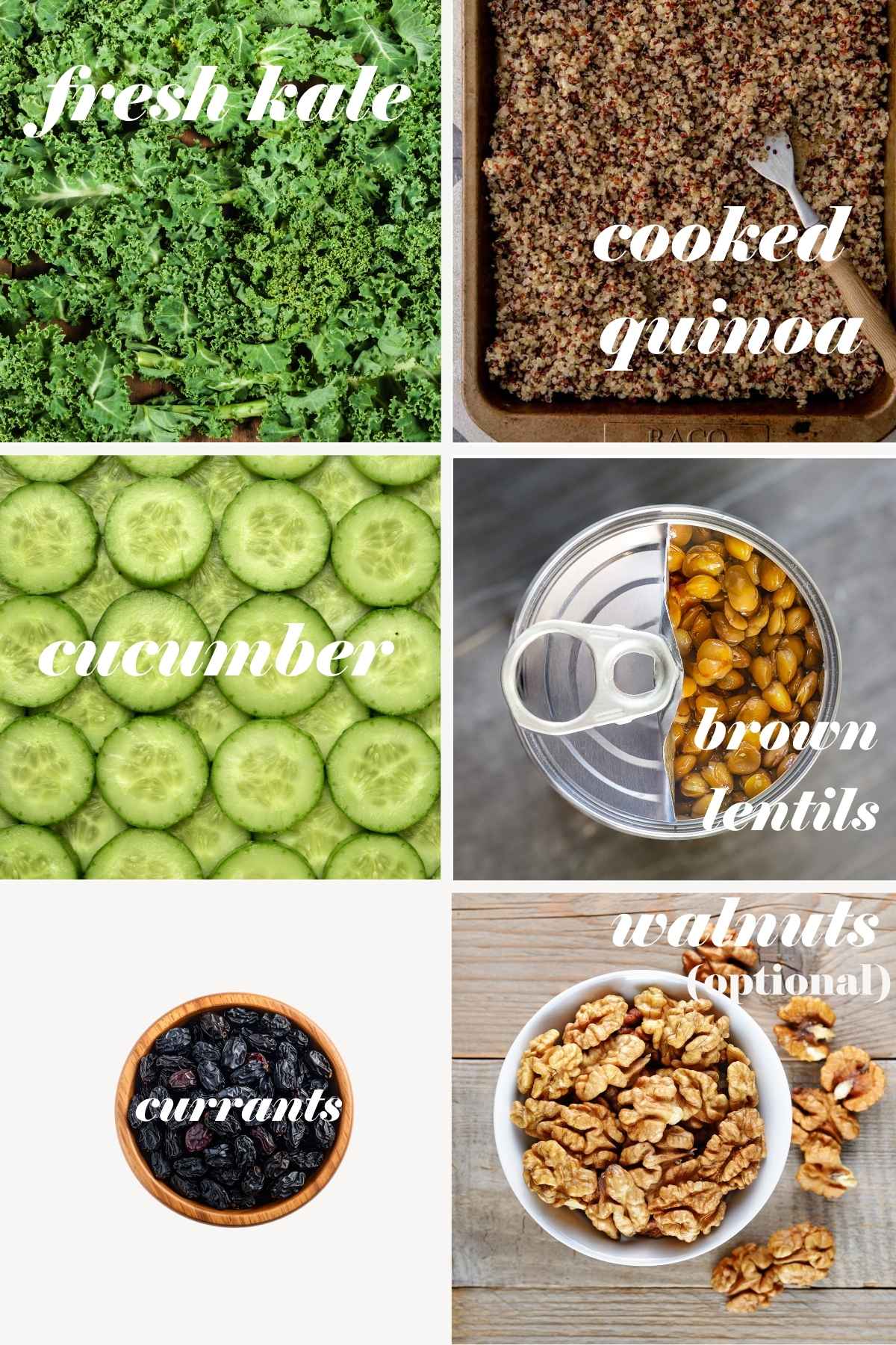 Salad ingredients for kale and quinoa salad in a grid with labels.