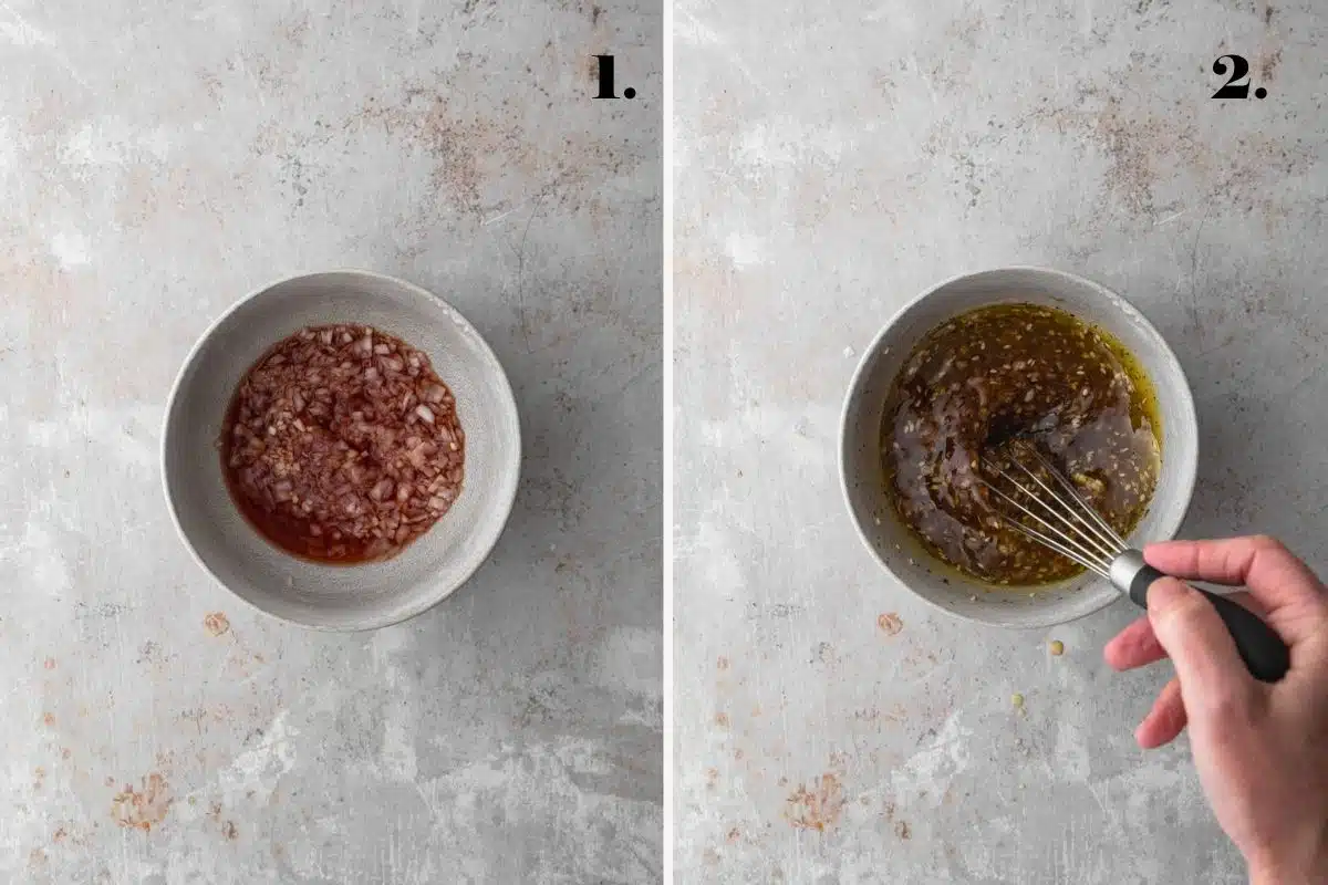 A two-panel step-by-step guide showing shallots soaking in vinegar and a salad dressing being whisked.