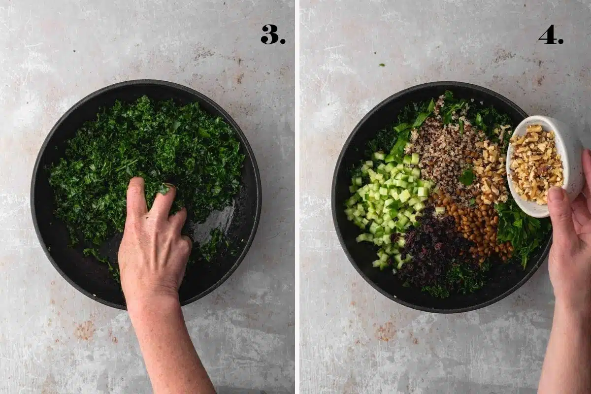 A two-panel step-by-step guide showing a hand massaging kale in a bowl and salad ingredients added to the bow.