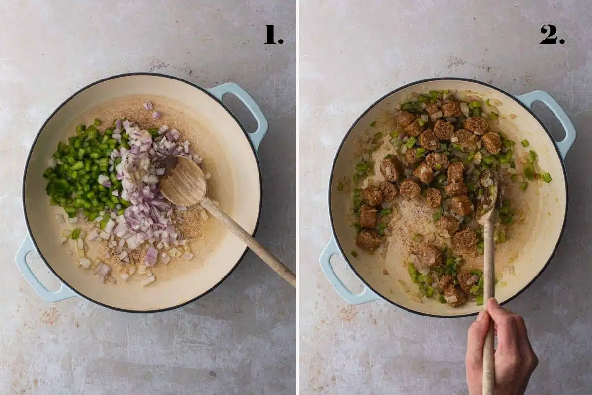 A two-panel step-by-step guide showing onions and capsicum cooking in a pot and then sausages added.