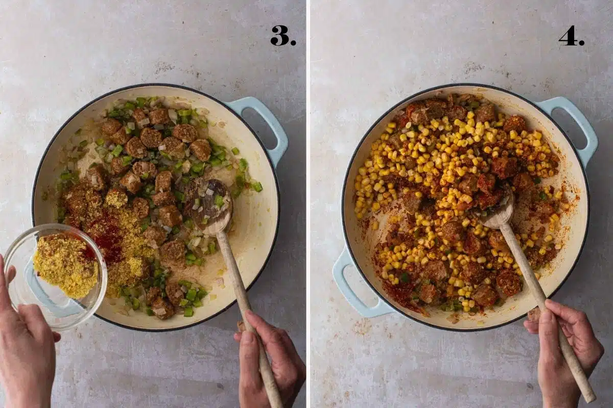 A two-panel step-by-step guide showing a spice mix added to cooking sausages and then corn added.