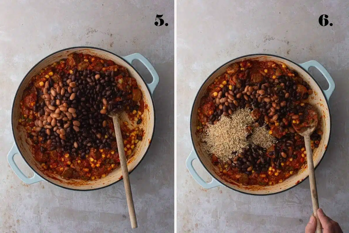 A two-panel step-by-step guide showing beans and tomatoes added to a pan of sausages and then rice added.