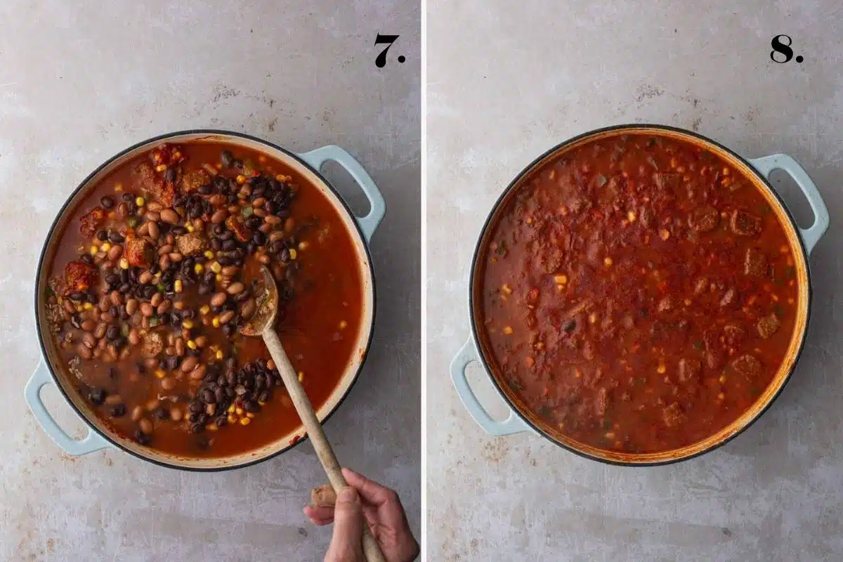 A two-panel step-by-step guide showing beans and sausages in a tomato broth and the same dish after oven baking.