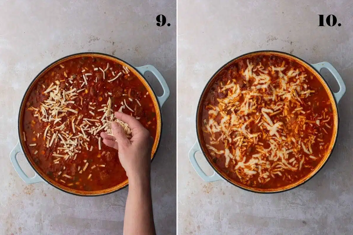 A two-panel step-by-step guide showing a tomato sausage dish on a pan with raw cheese and then after baking in the oven.