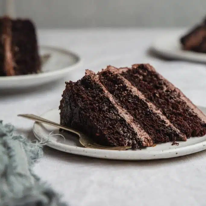 A three tiered slice of vegan chocolate cake with frosting on a white plate.